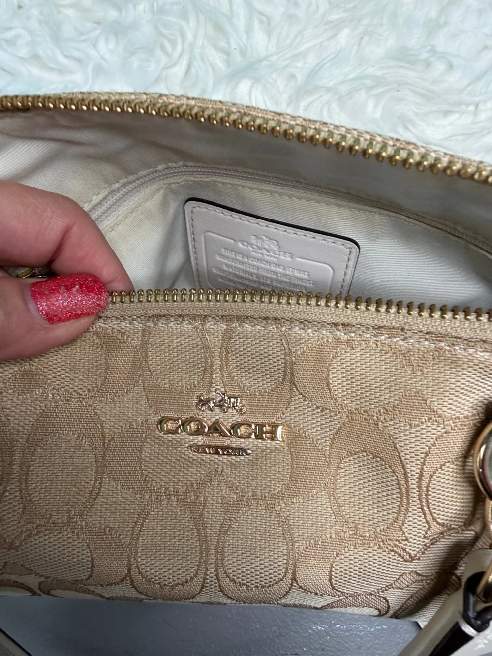 Authentic Coach Beige Canvas Signature Satchel with White Trim